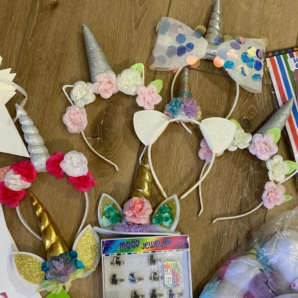 Girls Unicorn party supplies headbands mood rings plush party favors cake topper